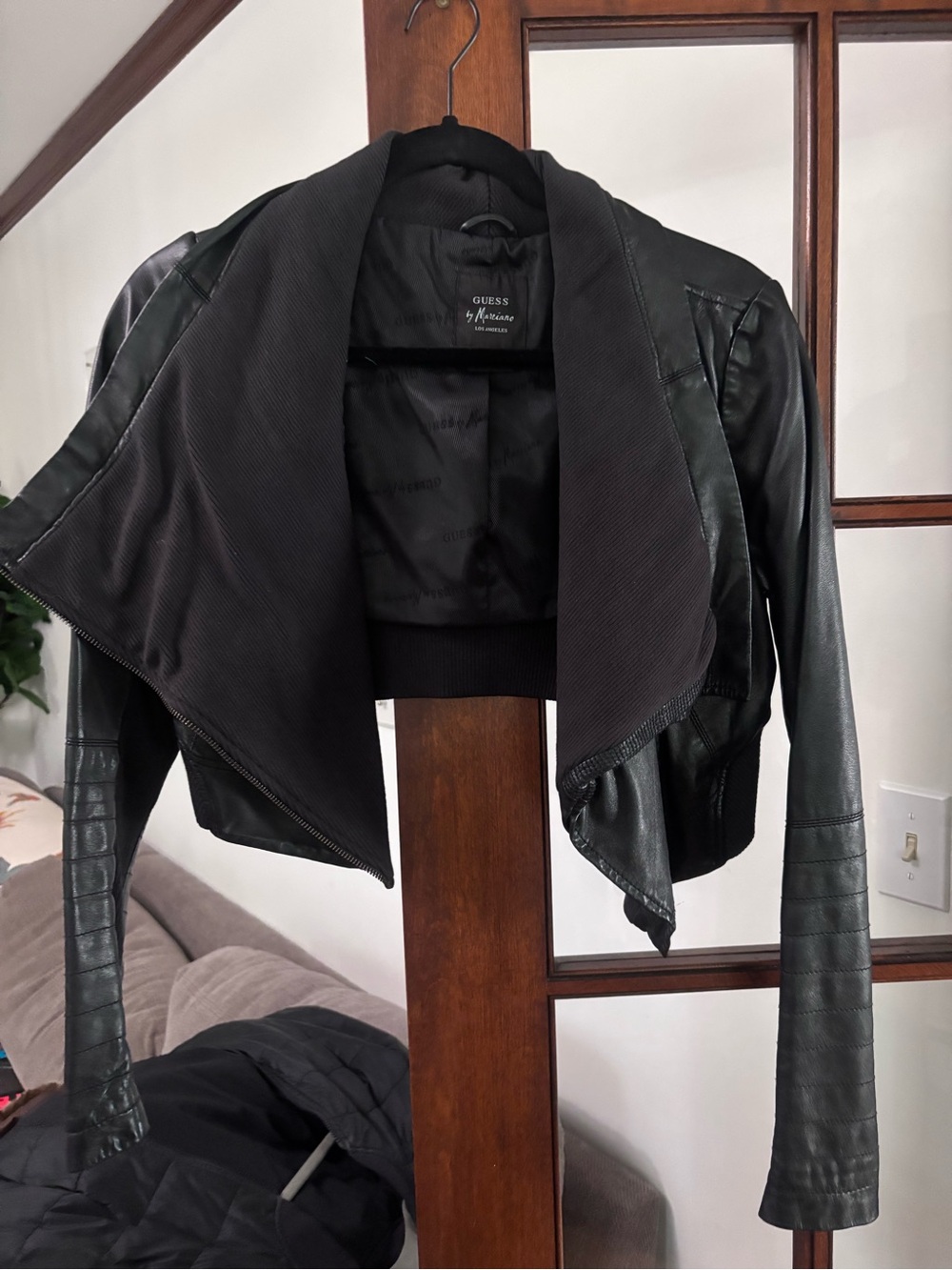 GUESS Black Draped Faux Leather Cropped Jacket